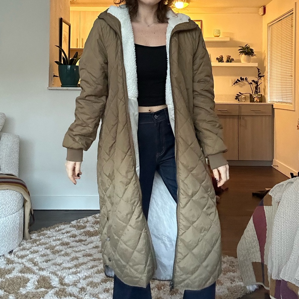 Only Quilted Long Puffer Coat with Sherpa Lining - Tan